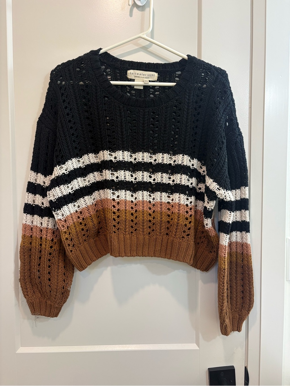 saltwater LUXE Black, White & Brown Striped Cropped Open-Knit Sweater Size Small